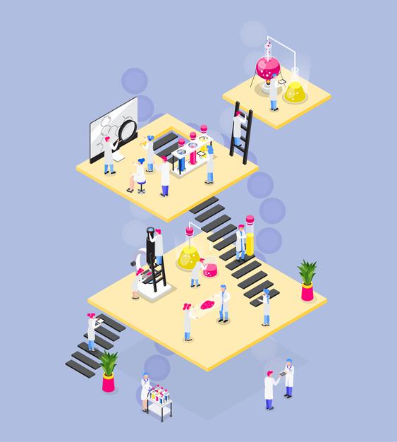 chemistry isometric composition square platforms connected with stairs people characters lab equipment various objects 1284 55602 1 1 -