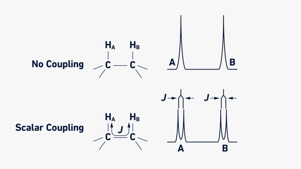 شکل 6: نمونه کوپلاژ اسکالر. اگر کوپلاژ اسکالر  وجود نداشته باشد، سیگنال های NMR امربوط به HA و HB به صورت پیک های ساده ظاهر می شوند (بالای شکل). با این حال، اگر دو پروتون مجاور HA و HB کوپلاژ اسکالر با ثابت J داشته باشند، سیگنال ها تقسیم می شوند (پایین شکل). هر دو پروتون HA و HB با پروتون متصل به یک هسته کربن به هم پیوسته کوپل می شوند، به دنبال قانون N+1، هر سیگنال پروتون به دو سیگنال تقسیم می شود و یک دوتایی تشکیل می‌دهند که فاصله تقسیم برابر با ثابت جفت شدن یعنی J خواهد بود.